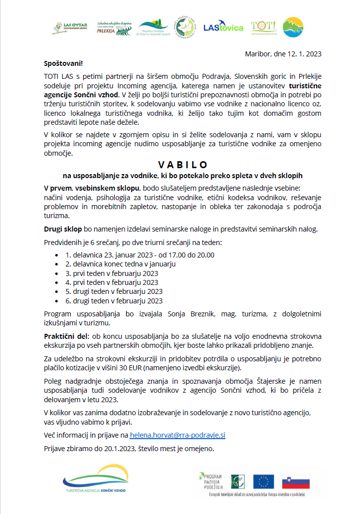 Vabilo na izobraževanje za lokalne turistične vodnike